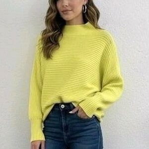 By Anthropologie Mock Neck Sweater Women's XL Neon Yellow Ribbed Dolman Sleeve